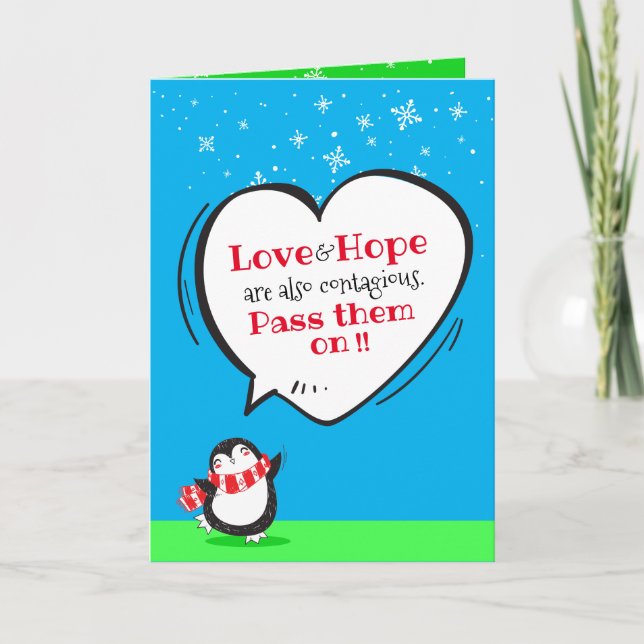 Cute Penguin Love & Hope Quote on Blue Holiday Car Card (Front)