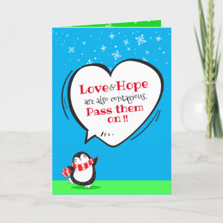 Cute Penguin Love & Hope Quote on Blue Holiday Car Card