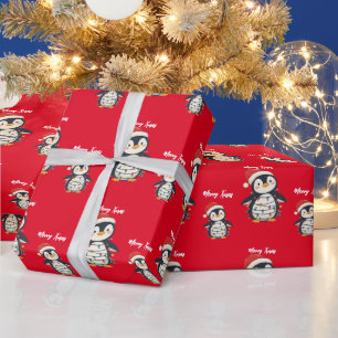 Cute penguin Merry Christmas tree winter Xmas Wrapping Paper