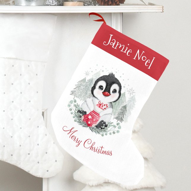 Cute Penguin Name Red Kids Christmas Stocking (Cute Christmas Stocking with a Penguin)