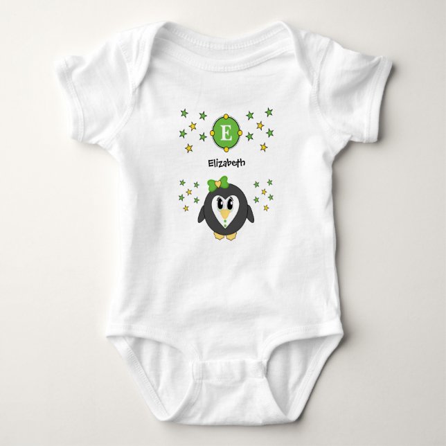 Cute penguin name stars yellow green baby bodysuit (Front)