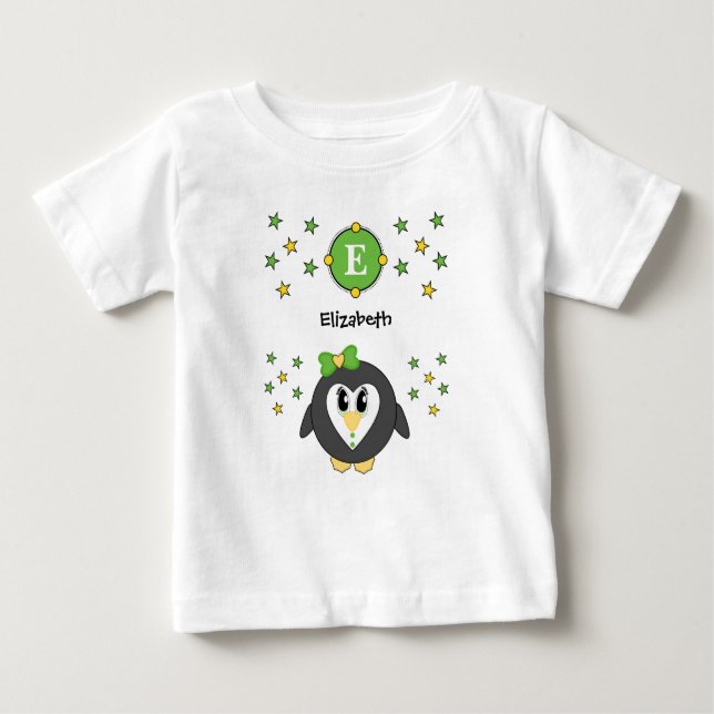 Cute penguin name stars yellow green baby T-Shirt (Front)