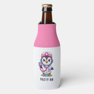 Cute Penguin Nurse Pink Stethoscope Custom Bottle Cooler
