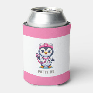 Cute Penguin Nurse Pink Stethoscope Custom Can Cooler