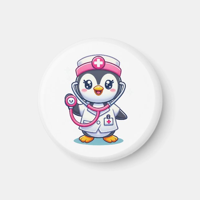 Cute Penguin Nurse Pink Stethoscope Custom Magnet (Front)