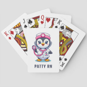 Cute Penguin Nurse Pink Stethoscope Custom Playing Cards