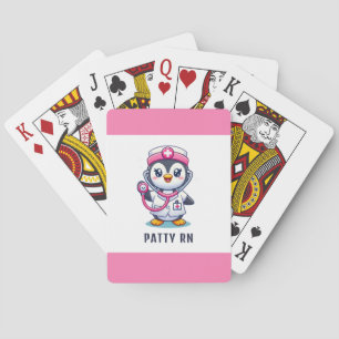 Cute Penguin Nurse Pink Stethoscope Stripe Playing Cards
