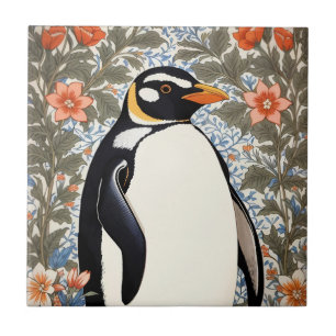 Cute Penguin On Colorful Elegant Floral Background Tile