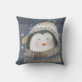 Cute Penguin on Cosy Winter Knit Pattern Cushion