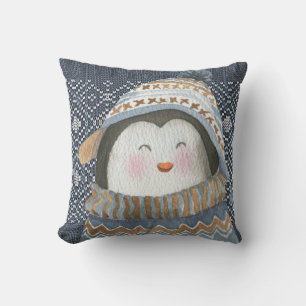 Cute Penguin on Cosy Winter Knit Pattern Cushion