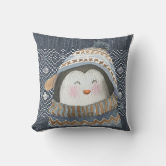 Cute Penguin on Cosy Winter Knit Pattern Cushion