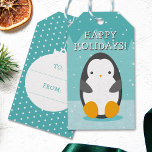 Cute Penguin on Ice Blue Winter Cartoon Christmas Gift Tags<br><div class="desc">These cute winter holidays gift tags feature adorable cartoon penguin with snow falling in pastel teal blue colours, and a "Happy Holidays" editable text. Add fun and lovely touch to your Christmas, birthday or baby shower gifts, for kids and for everyone who loves penguins and winter. • Personalise it with...</div>