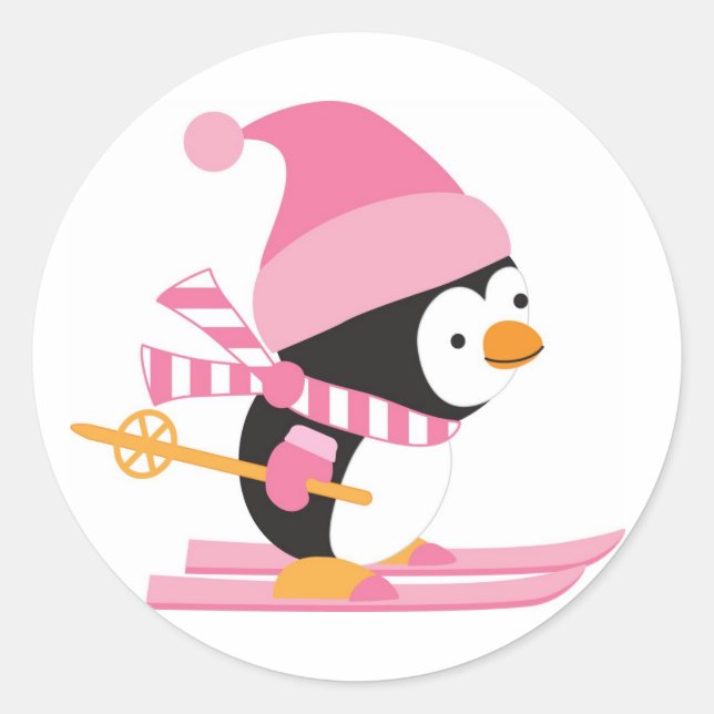 Cute Penguin on Snow Skis Classic Round Sticker (Front)