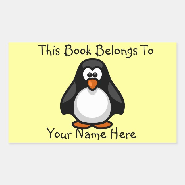 Cute Penguin on Yellow Book Name Plate Rectangular Sticker (Front)