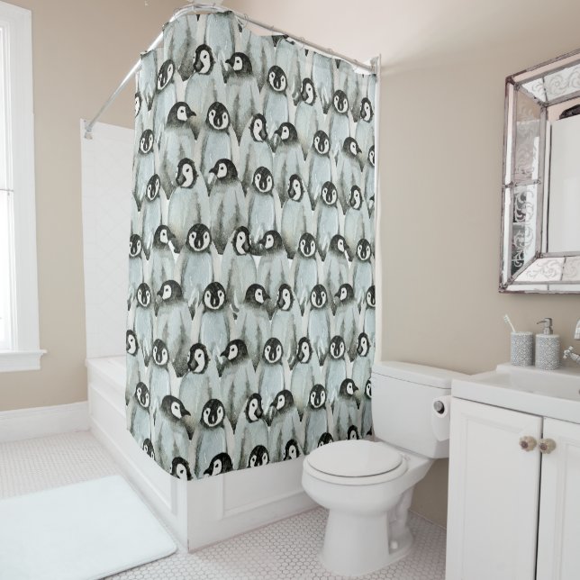 Cute Penguin Pattern Black and White Shower Curtain (In Situ)