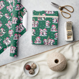 Cute Penguin Pattern Dark Green and Pink Christmas Wrapping Paper