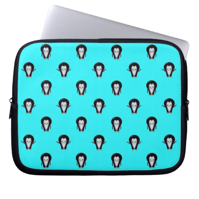 Cute Penguin Pattern over Minty Teal Blue Laptop Sleeve (Front)