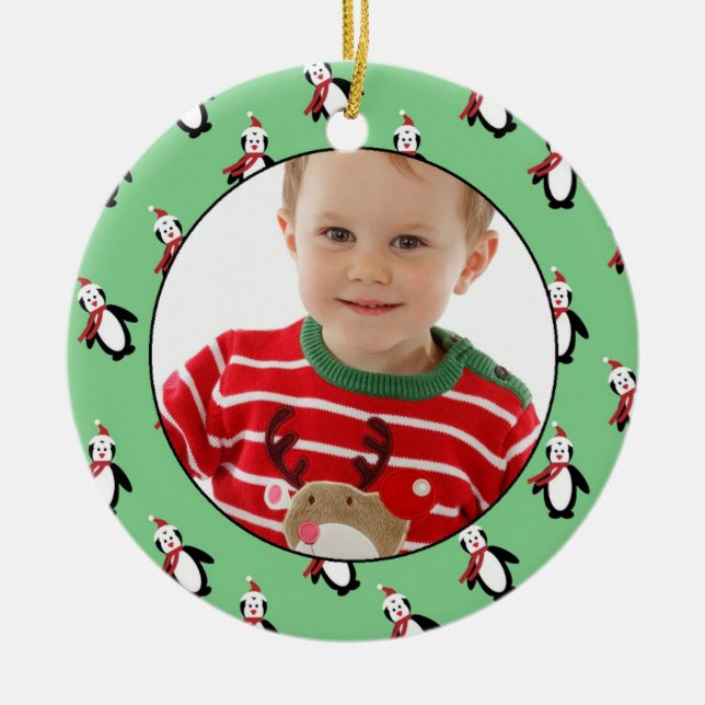 Cute Penguin Pattern Photo Frame Ceramic Tree Decoration (Front)