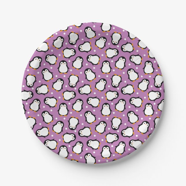 Cute penguin pattern Purple pattern Paper Plate (Front)