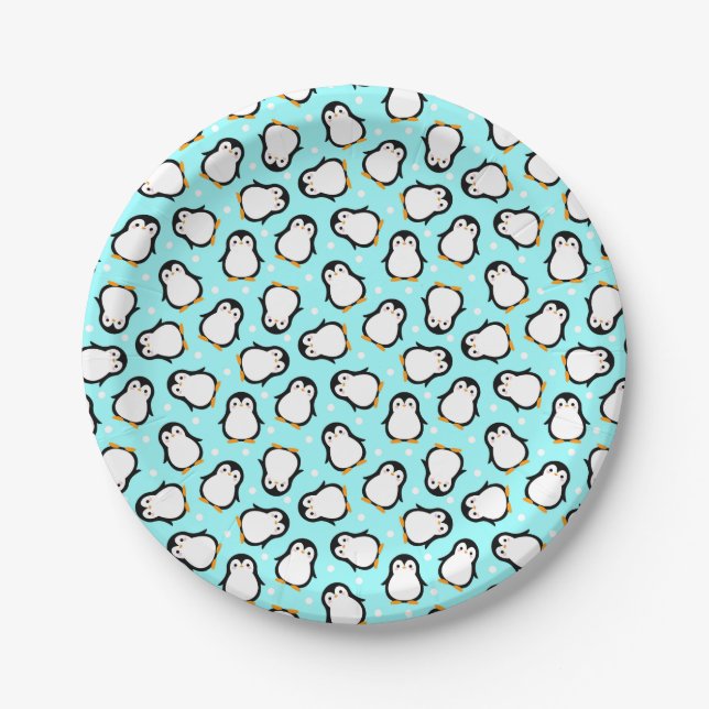 Cute penguin pattern turquoise pattern paper plate (Front)