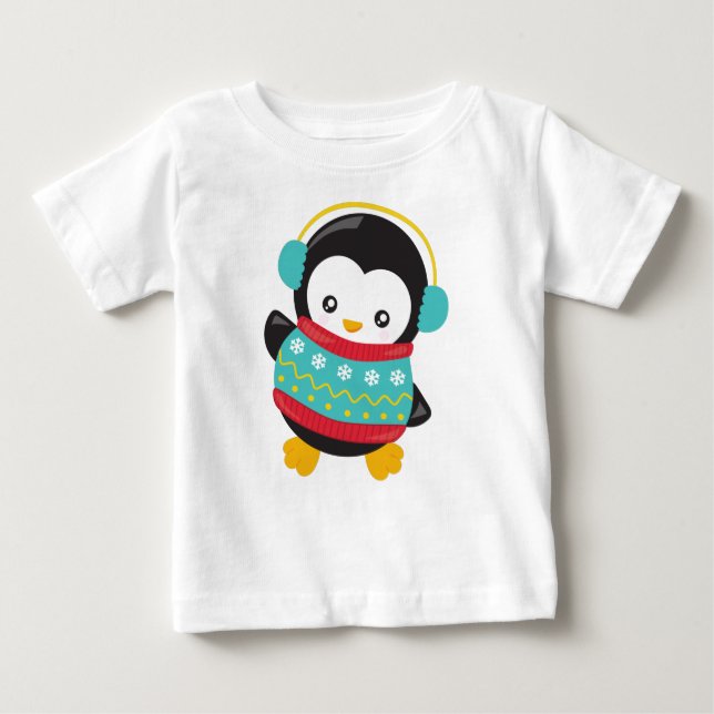 Cute Penguin, Penguin With Sweater, Ear Muffs Baby T-Shirt (Front)