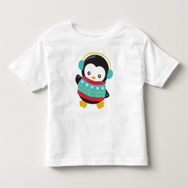 Cute Penguin, Penguin With Sweater, Ear Muffs Toddler T-Shirt (Front)