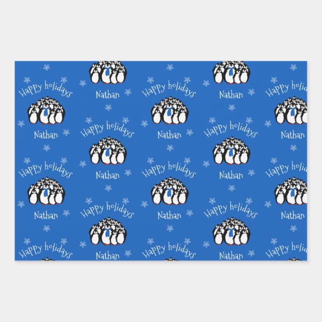 Cute Penguin Personalised Christmas Wrapping Paper Sheet (Front)