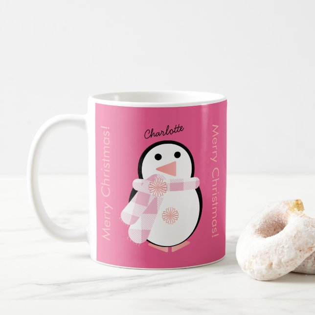 Cute Penguin Personalised Merry Christmas Coffee Mug (With Donut)