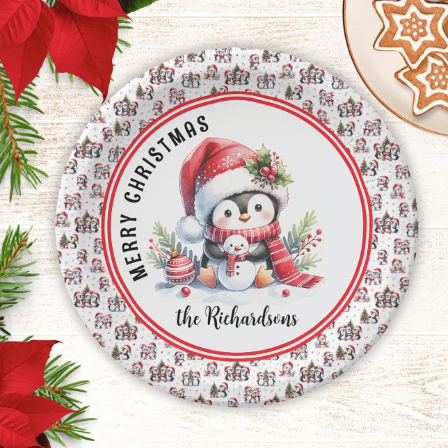 Cute Penguin Personalised Merry Christmas Paper Plate (Creator Uploaded)