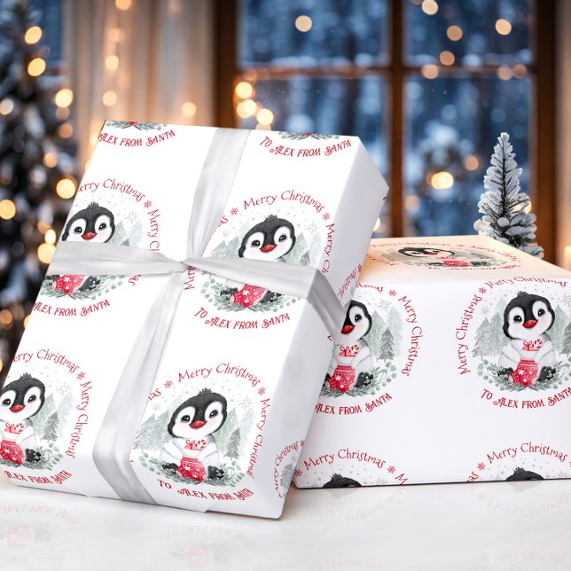 Cute Penguin Personalised Name Christmas Wrapping Paper (Cute Penguin Personalized Christmas Wrapping Paper)
