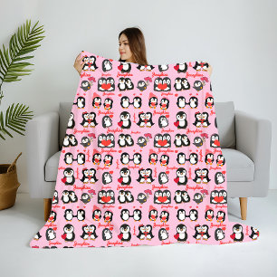 Cute Penguin Personalised Name Love Fleece Blanket