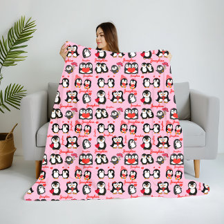 Cute Penguin Personalised Name Love Sherpa Blanket