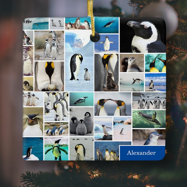 Cute Penguin Photo Collage Pattern Christmas Ceramic Ornament (Creator Uploaded)