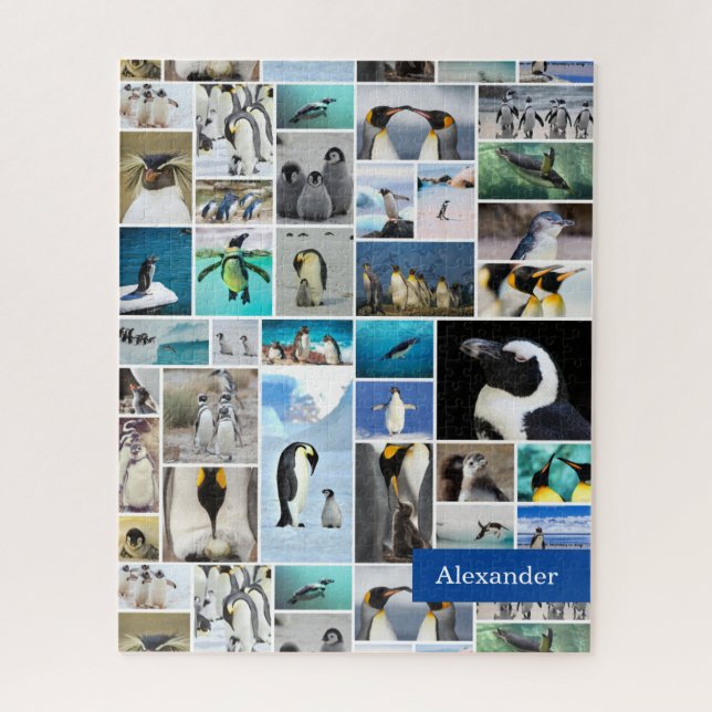 Cute Penguin Photo Collage Pattern with First Name Jigsaw Puzzle (Vertical)