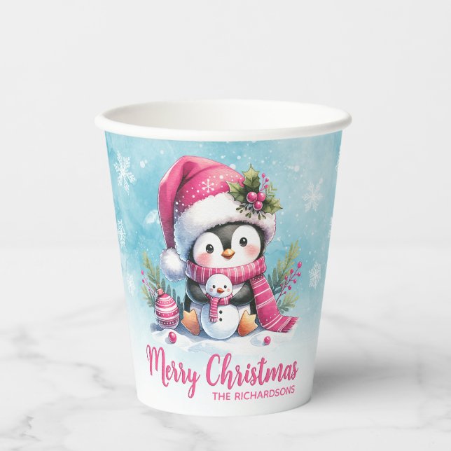 Cute Penguin Pink and Snowy Blue Merry Christmas Paper Cups (Front)