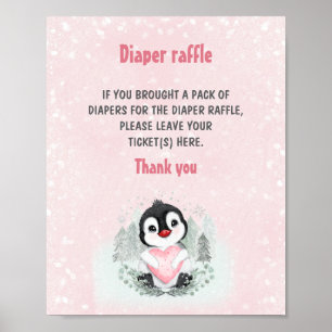 Cute Penguin Pink Baby Shower Diaper Raffle Sign