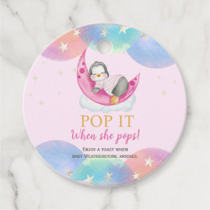 Cute Penguin Pink Baby Shower Pop It When She Pops Favour Tags