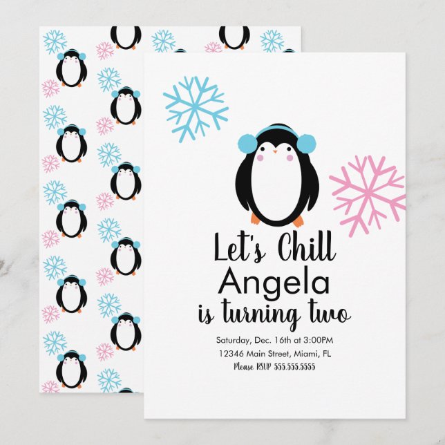 Cute Penguin Pink Blue Snowflakes Winter Invitatio Invitation (Front/Back)