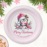 Cute Penguin Pink Custom Merry Christmas Paper Plate<br><div class="desc">These cute pink Christmas paper plates with a cheerful penguin, a tiny snowman, and festive greenery features a Merry Christmas saying and a template for your Family name to personalise them for the Xmas party. This design is in pink and white with pastel green foliage. The design is optimised for...</div>
