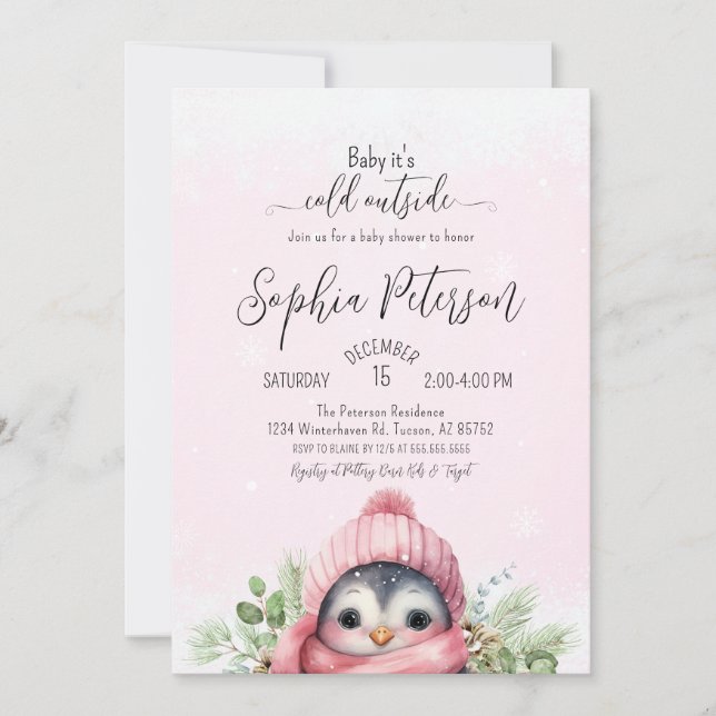 Cute Penguin Pink Girl Winter Baby Shower Invitation (Front)