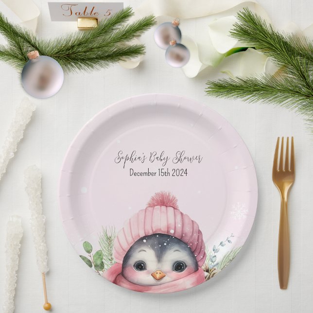 Cute Penguin Pink Girl Winter Baby Shower Paper Plate (Creator Uploaded)