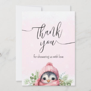 Cute Penguin Pink Winter Snow Thank You Card