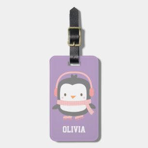 Cute Penguin Purple Girls Personalised Purple Luggage Tag