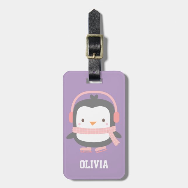Cute Penguin Purple Girls Personalised Purple Luggage Tag (Front Vertical)