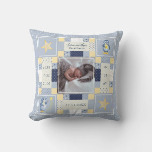 Cute Penguin Quilt Baby Birth Stats Personalised Cushion