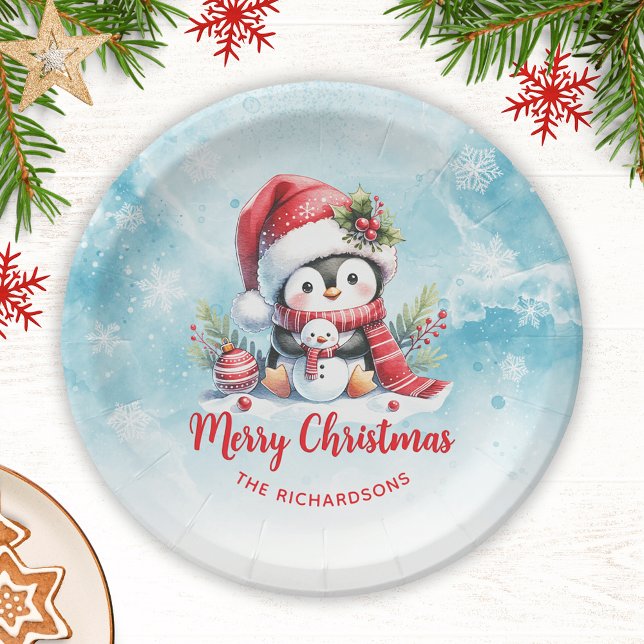 Cute Penguin Red and Blue Custom Merry Christmas Paper Plate (Creator Uploaded)
