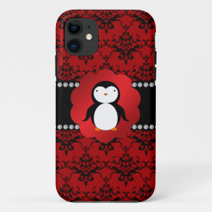 Cute penguin red damask Case-Mate iPhone case
