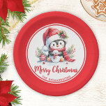 Cute Penguin Red White Custom Merry Christmas Paper Plate<br><div class="desc">These festive red and white Christmas paper plates with a cute penguin, a tiny snowman, and festive greenery features a Merry Christmas saying and a template for your Family name to personalise them for the Xmas party. The design is optimised for Round Paper Plates, so for other shapes and sizes,...</div>