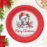 Cute Penguin Red White Custom Merry Christmas