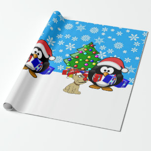 Cute Penguin Santa and Reindeer Dog Wrapping Paper